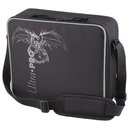 A black Ultra PRO Deluxe Gaming Case with a silver dragon design and silver trim.