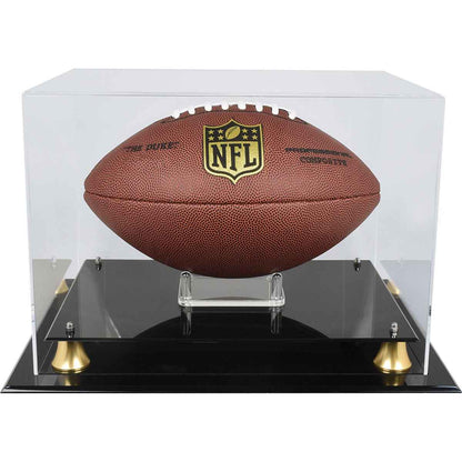 A clear acrylic football display case with a black base and gold accents, featuring an NFL football. Brand: Football Riser, Item: Premium Display Case.