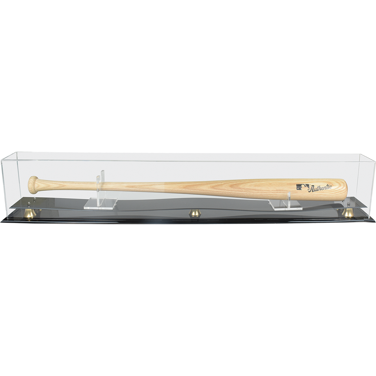 A clear acrylic baseball bat display case with a black base and gold accents, featuring a wooden baseball bat with "Authentic" branding. Brand: Unknown, Item: Baseball Bat Riser Premium Display Case.