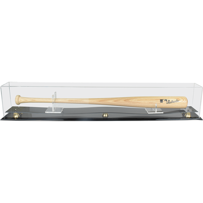 A clear acrylic baseball bat display case with a black base and gold accents, featuring a wooden baseball bat with "Authentic" branding. Brand: Unknown, Item: Baseball Bat Riser Premium Display Case.