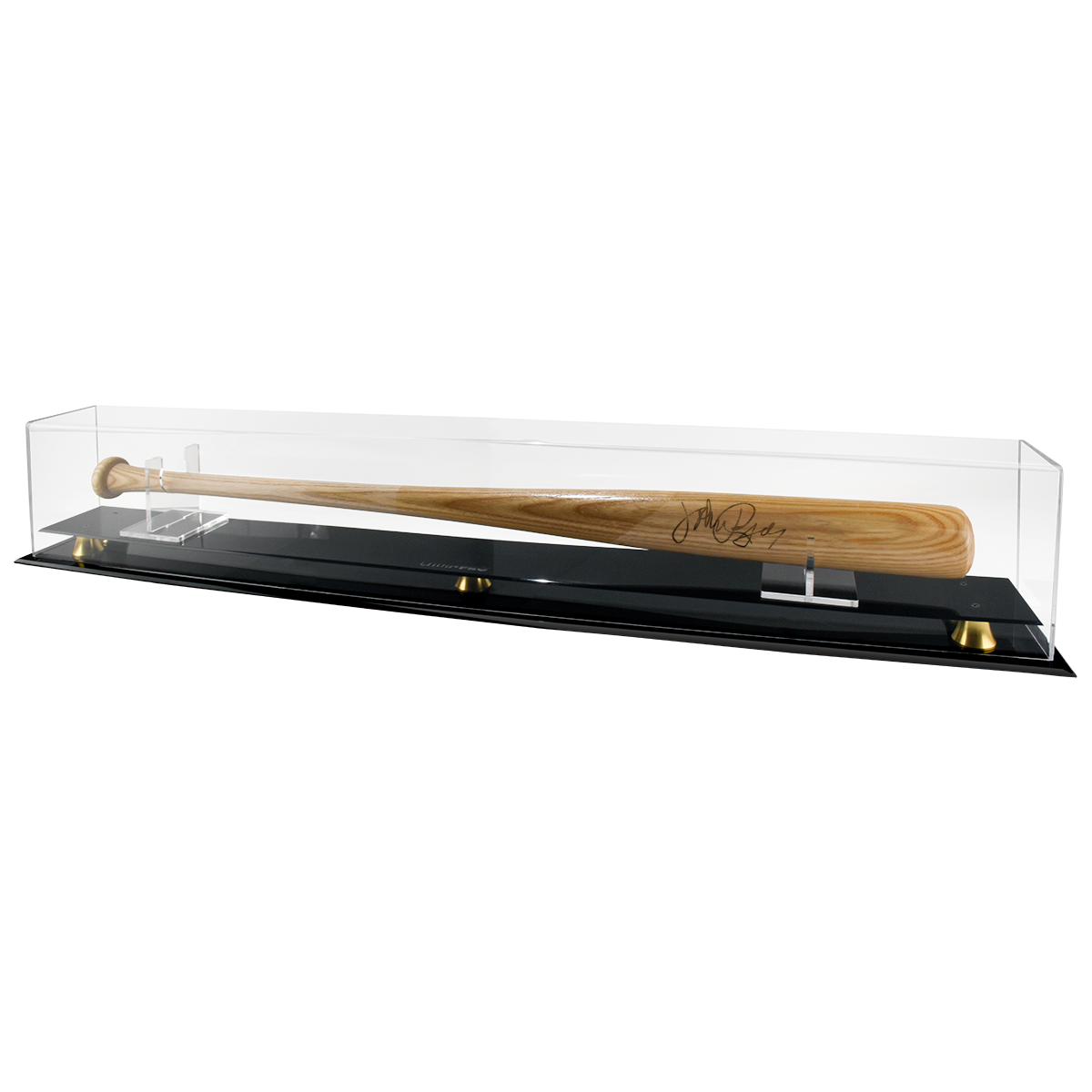 A clear acrylic baseball bat display case with a black base and gold accents, featuring a signed baseball bat. Brand: Ultra PRO, Item: Baseball Bat Riser Premium Display Case.