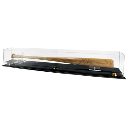 A clear acrylic baseball bat display case with a black base and gold accents, featuring a signed baseball bat. Brand: Ultra PRO, Item: Baseball Bat Riser Premium Display Case.