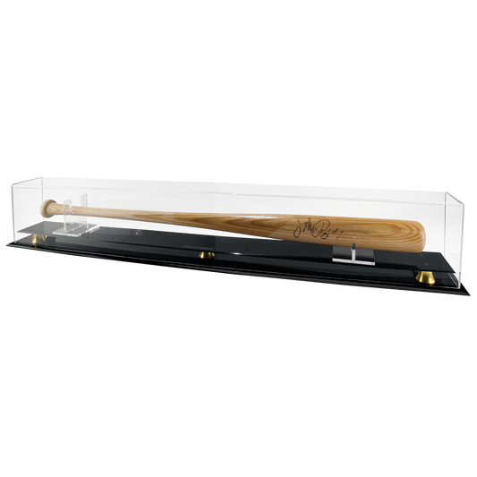 A clear acrylic baseball bat display case with a black base and gold accents, featuring a signed baseball bat. Brand: Ultra PRO, Item: Baseball Bat Riser Premium Display Case.