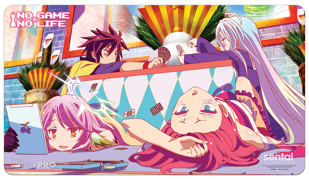A colorful No Game No Life playmat featuring Sora, Shiro, Jibril, and Steph playing cards. Brand: Ultra PRO, Item: Card Games Standard Gaming Playmat Mousepad for No Game No Life