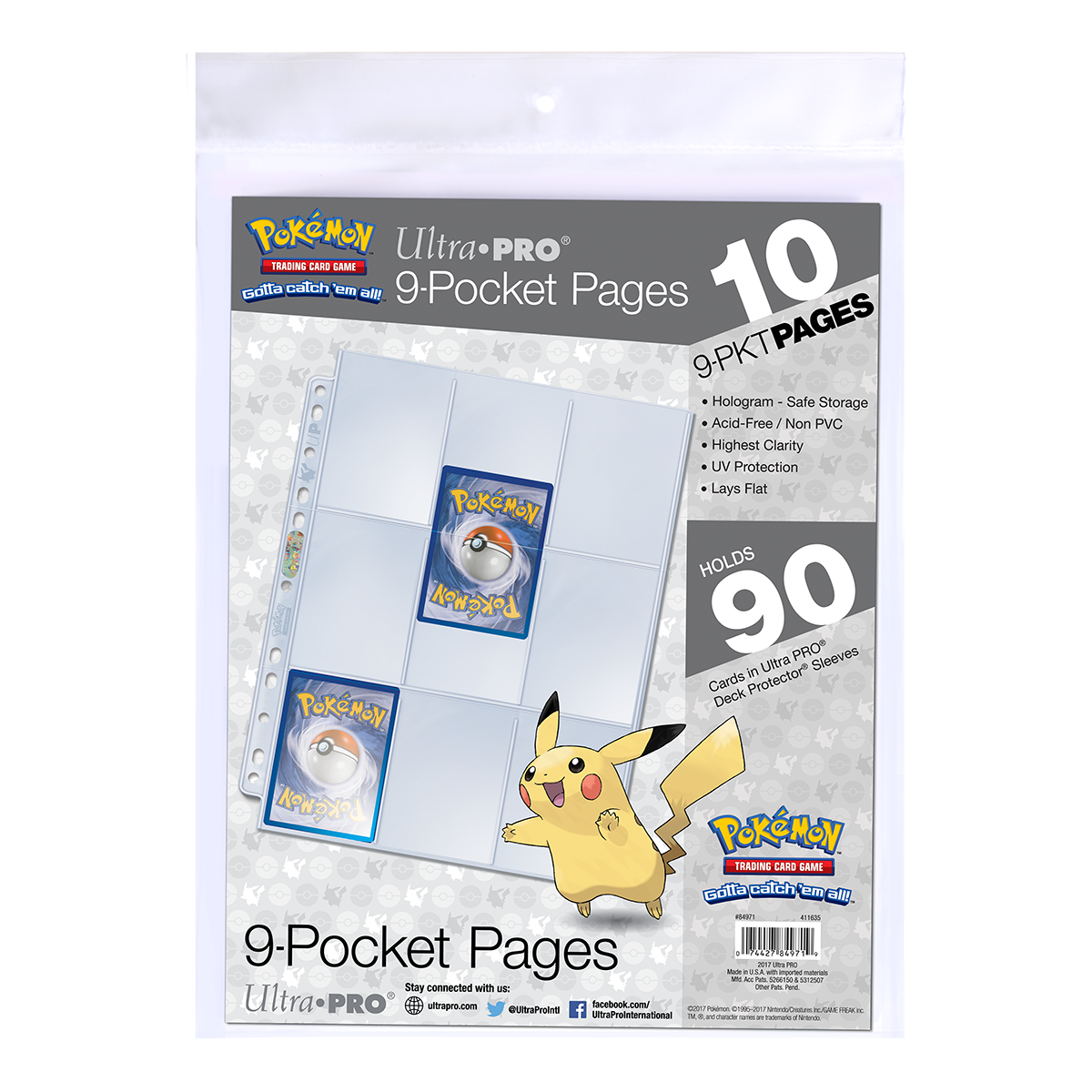 A clear Ultra PRO 9-Pocket Pages. Brand: Ultra PRO, Item: 9-Pocket 11-Hole Punch Pages (10ct) for Pokémon.