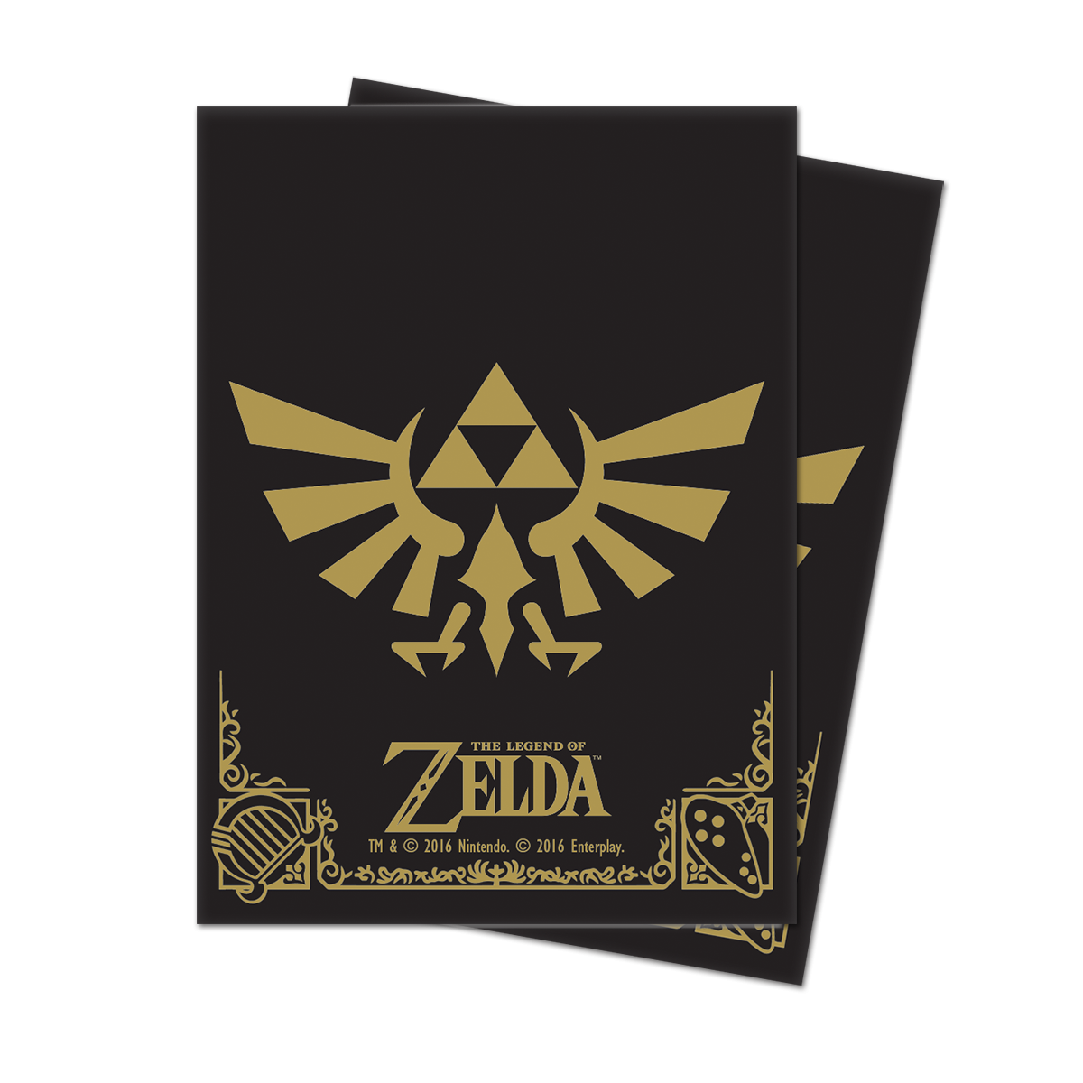 A Black & Gold Standard DECK PROTECTOR® Sleeves for The Legend of Zelda. Brand: Ultra PRO, Item: Hyrule Crest Black & Gold Standard DECK PROTECTOR® Sleeves (65ct) for The Legend of Zelda