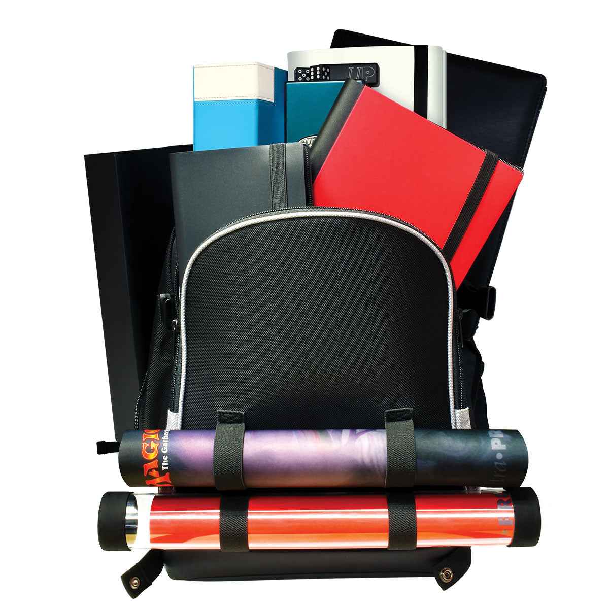A black backpack with silver trim, filled with various gaming accessories like deck boxes, binders, and rolled playmats.
