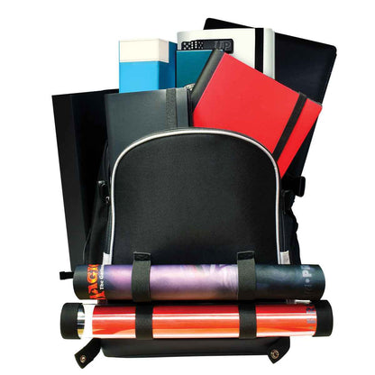 A black backpack with silver trim, filled with various gaming accessories like deck boxes, binders, and rolled playmats.