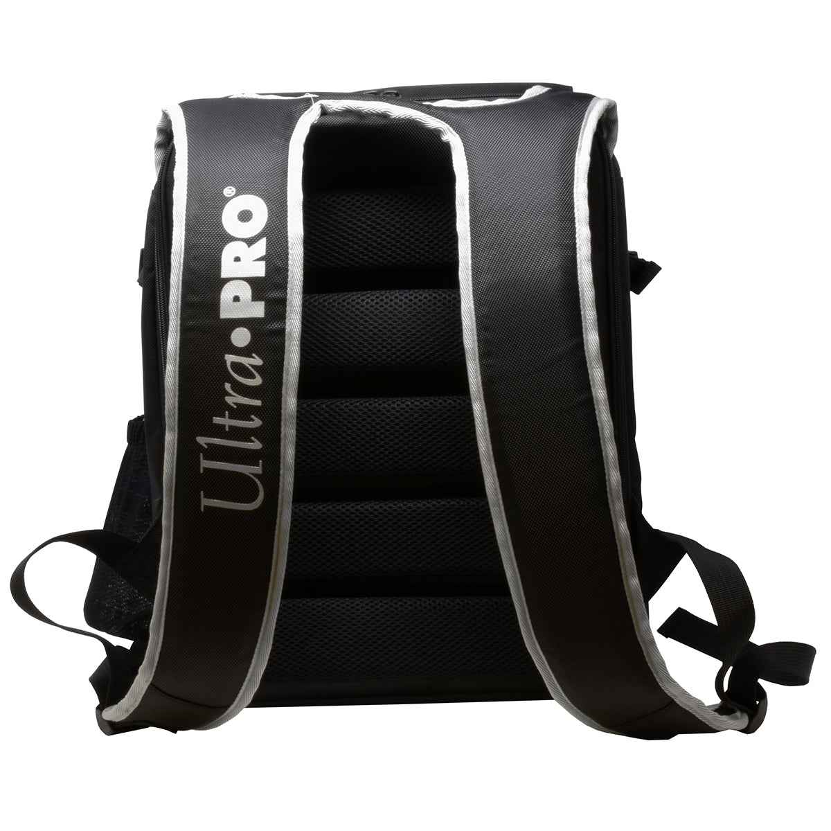 A Black backpack with silver trim. Brand: Ultra-Pro, Item: Black Citadel Backpack with Silver Trim.