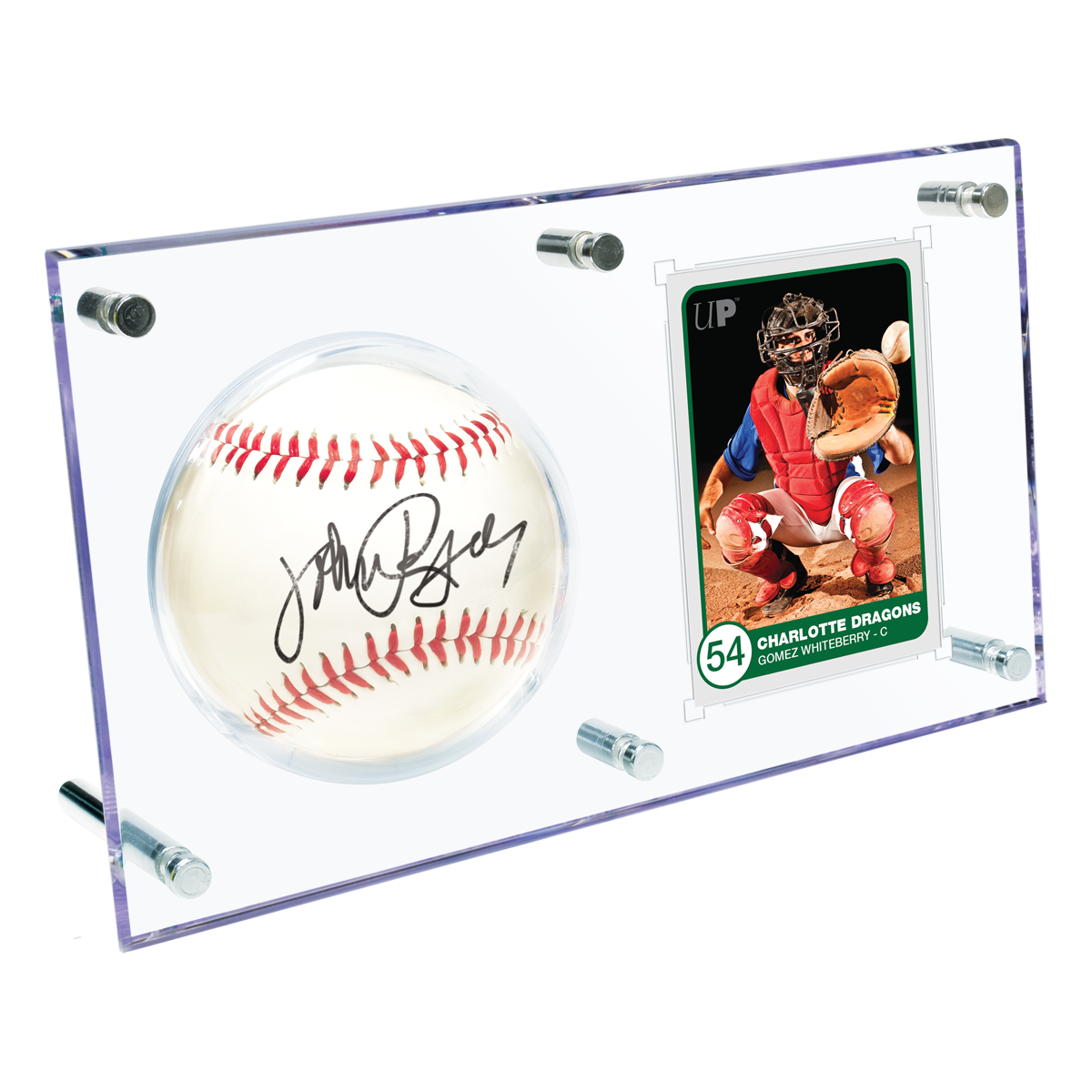 A clear acrylic display case featuring an autographed baseball and a baseball card. Brand: Ultra PRO, Item: Baseball & Card (35PT) Clear Flip Display Case.