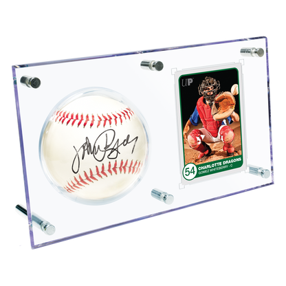 A clear acrylic display case featuring an autographed baseball and a baseball card. Brand: Ultra PRO, Item: Baseball & Card (35PT) Clear Flip Display Case.