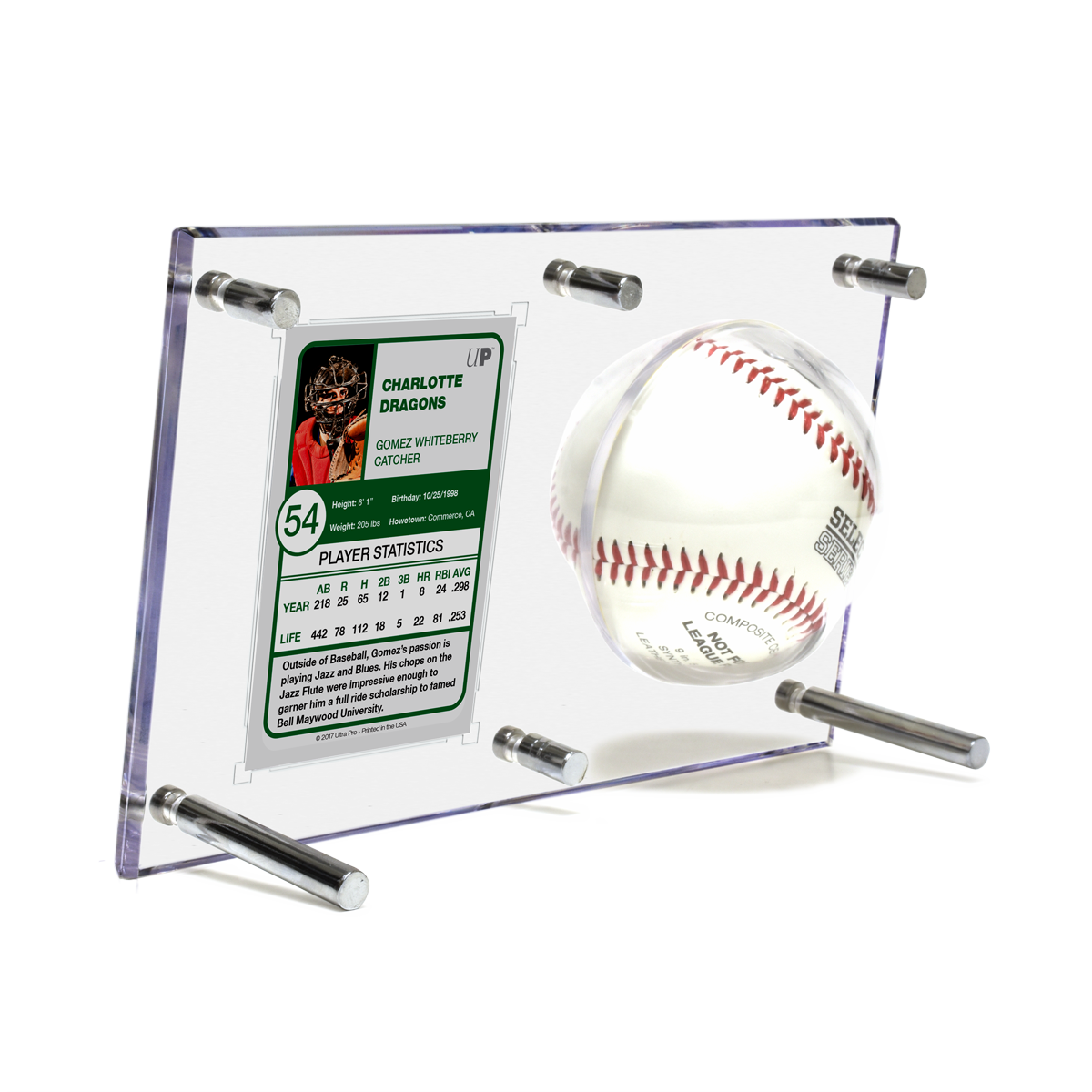 A clear acrylic display case holding a baseball and a Charlotte Dragons baseball card. Brand: Ultra Pro, Item: Baseball & Card (35PT) Clear Flip Display Case.