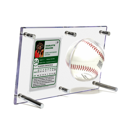 A clear acrylic display case holding a baseball and a Charlotte Dragons baseball card. Brand: Ultra Pro, Item: Baseball & Card (35PT) Clear Flip Display Case.