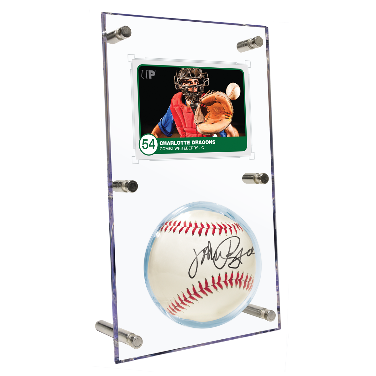 A clear acrylic display case featuring a baseball card of Gomez Whiteberry of the Charlotte Dragons and an autographed baseball. Brand: nan, Item: Baseball & Card (35PT) Clear Flip Display Case.