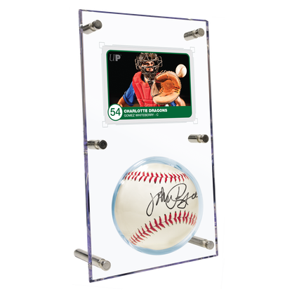 A clear acrylic display case featuring a baseball card of Gomez Whiteberry of the Charlotte Dragons and an autographed baseball. Brand: nan, Item: Baseball & Card (35PT) Clear Flip Display Case.