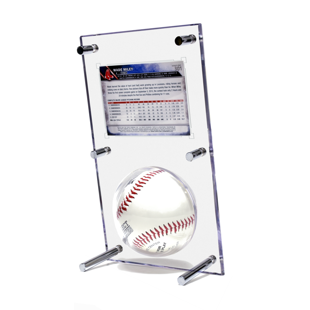 A clear acrylic display case featuring a baseball and a baseball card. Brand: Unknown, Item: Baseball & Card (35PT) Clear Flip Display Case.