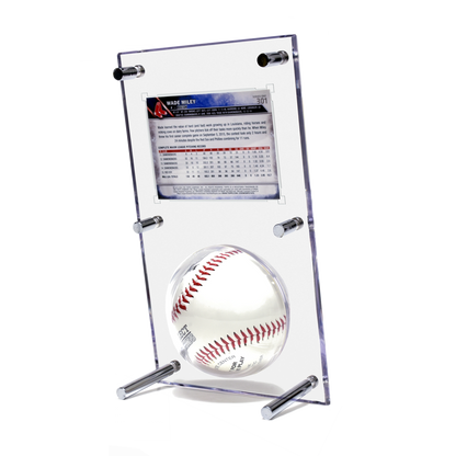 A clear acrylic display case featuring a baseball and a baseball card. Brand: Unknown, Item: Baseball & Card (35PT) Clear Flip Display Case.