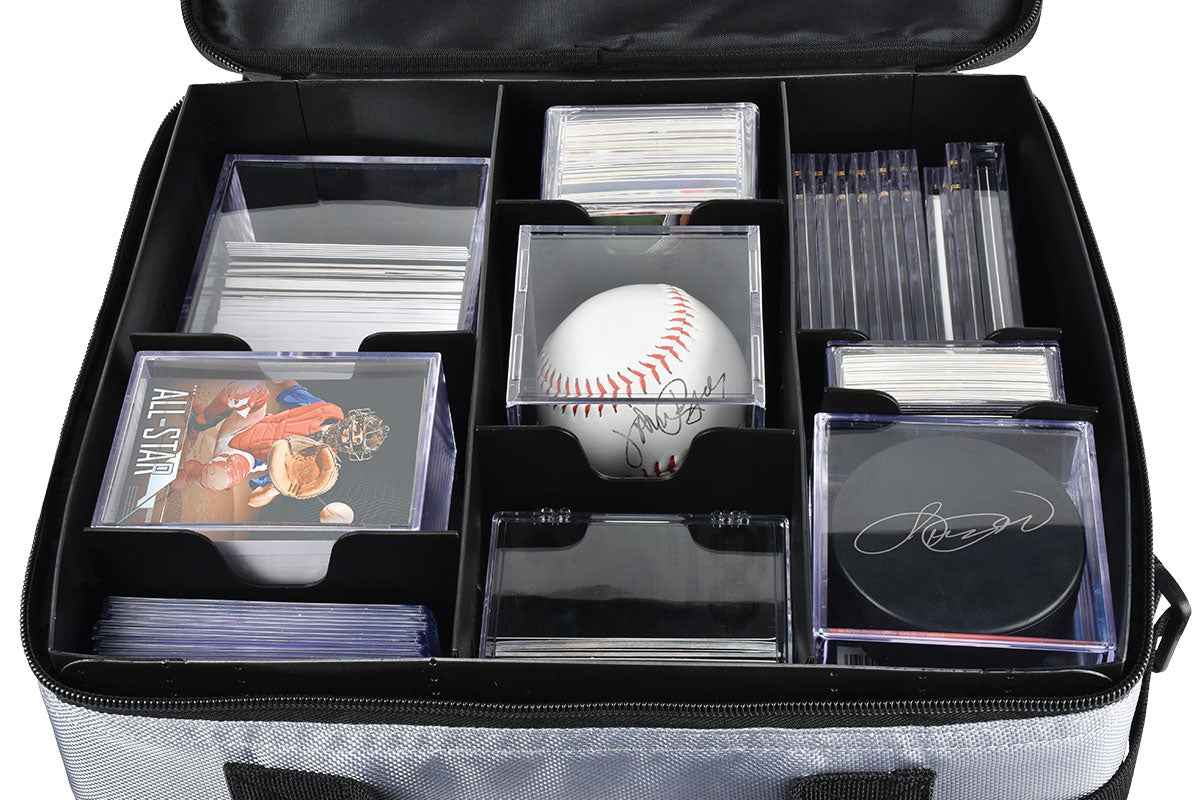 A grey and black Collector's Deluxe Carrying Case for trading cards and memorabilia. Brand: nan, Item: Collector's Deluxe Carrying Case.