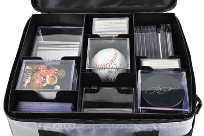 A grey and black Collector's Deluxe Carrying Case for trading cards and memorabilia. Brand: nan, Item: Collector's Deluxe Carrying Case.