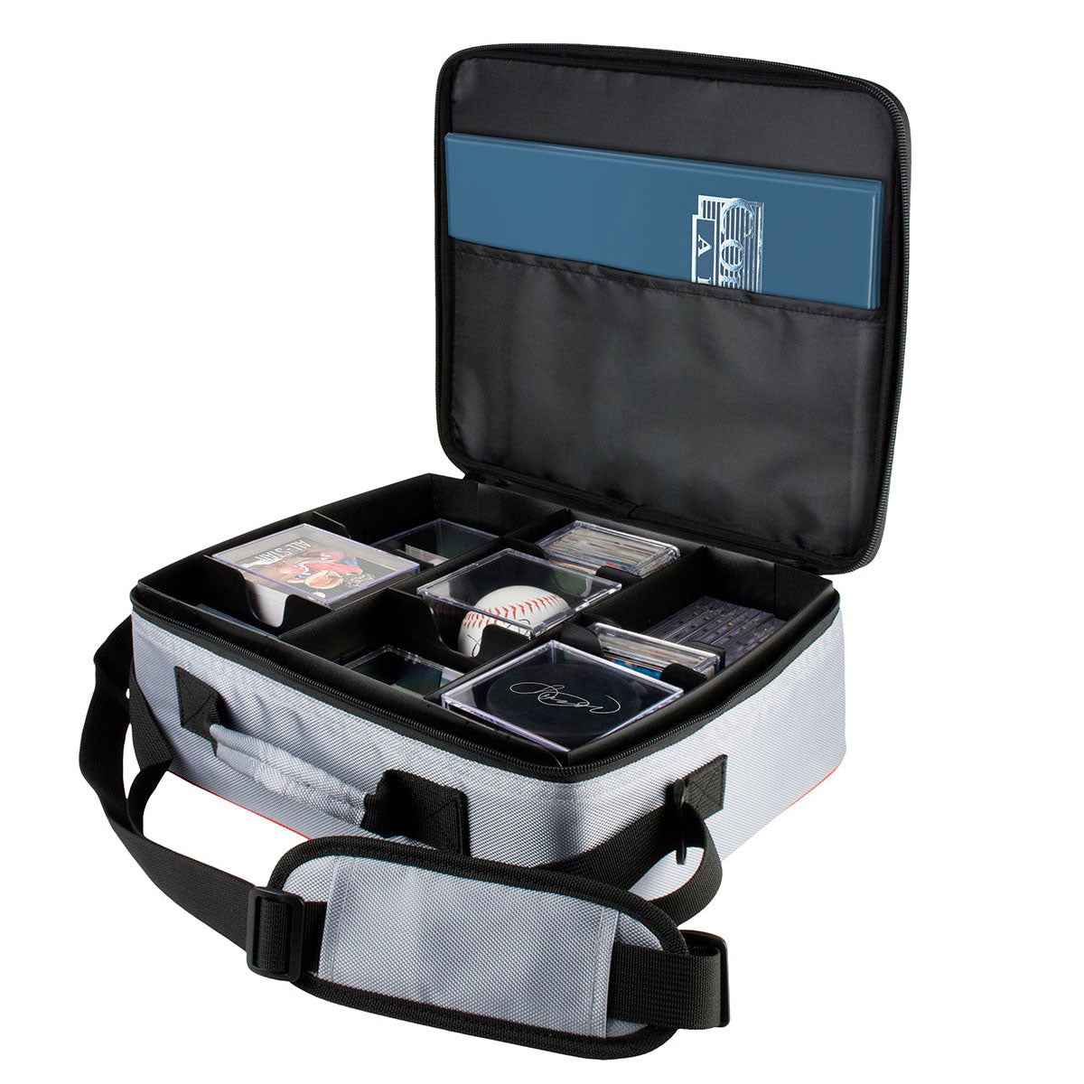 A gray Collector's Deluxe Carrying Case for trading cards and collectibles. Brand: Unknown, Item: Collector's Deluxe Carrying Case.
