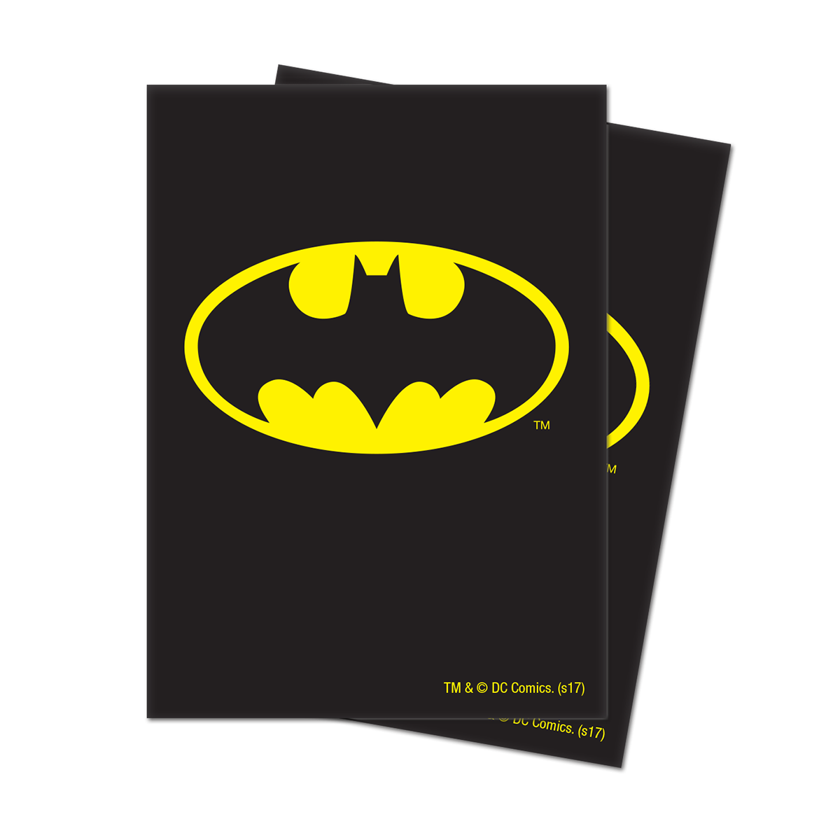 A black Batman logo Standard DECK PROTECTOR® Sleeves (65ct). Brand: Ultra PRO, Item: Batman Standard DECK PROTECTOR® Sleeves (65ct) for Justice League