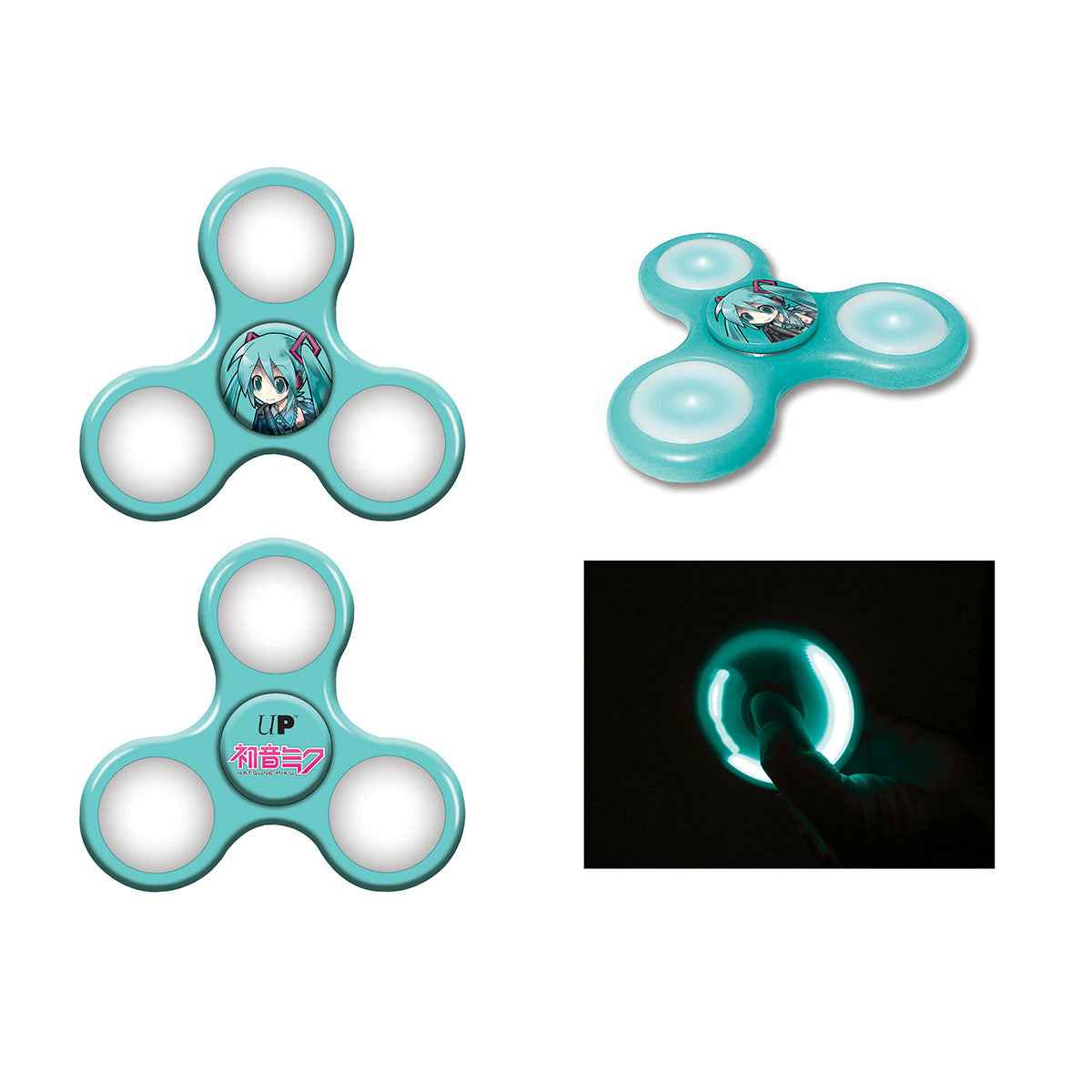 A teal fidget spinner with Hatsune Miku graphics and LED lights. Brand: Ultra PRO, Item: Fidget Spinner with LED lights for Hatsune Miku.