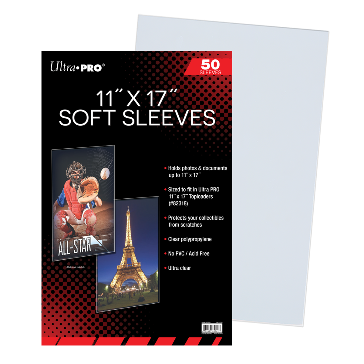 A clear 11" x 17" Soft Sleeves pack. Brand: Ultra PRO, Item: 11" x 17" Soft Sleeves (50ct).