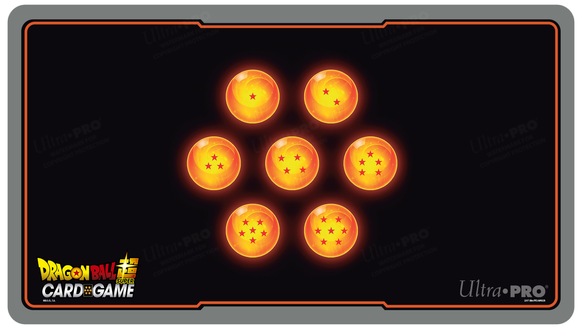 A black Dragon Ball Super gaming playmat featuring seven glowing Dragon Balls with red stars. Brand: Ultra PRO, Item: Dragon Balls Standard Gaming Playmat Mousepad for Dragon Ball Super