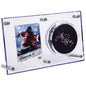 A Clear Hockey Puck and Card Display Case. Brand: Ultra PRO, Item: Hockey Puck & Card (120PT) Clear Flip Display Case.