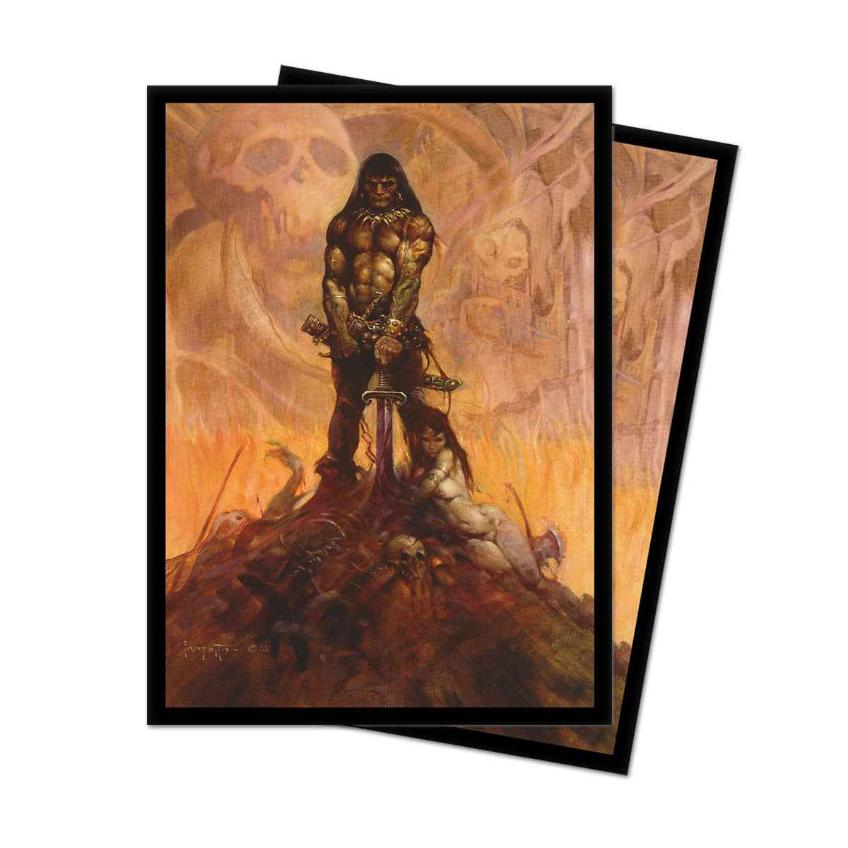 A fantasy art Standard Deck Protector Sleeves featuring Frank Frazetta's iconic barbarian artwork. Brand: Ultra PRO, Item: Barbarian Standard DECK PROTECTOR® Sleeves (100ct).