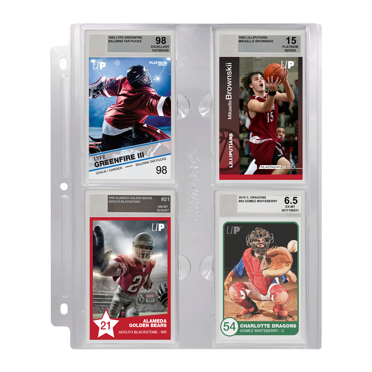 A clear 4-pocket page for graded Beckett slabs. Brand: Ultra PRO, Item: 4-Pocket Page (1ct) for Graded Beckett Slabs.