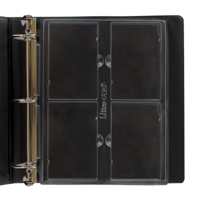 A black binder with a 4-pocket page for graded Beckett slabs. Brand: Ultra-Pro, Item: 4-Pocket Page (1ct) for Graded Beckett Slabs.