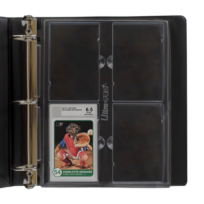 A black 4-pocket page for graded slabs. Brand: Ultra Pro, Item: 4-Pocket Page (1ct) for Graded Beckett Slabs.