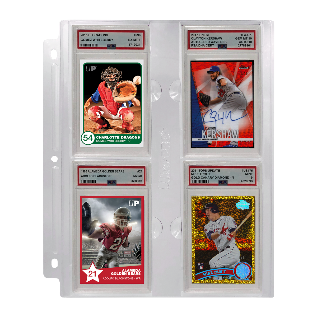 A clear plastic 4-pocket page for graded PSA slabs. Brand: Ultra PRO, Item: 4-Pocket Page (1ct) for Graded PSA Slabs.