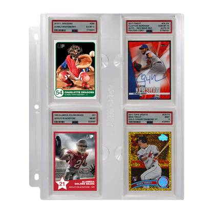 A clear plastic 4-pocket page for graded PSA slabs. Brand: Ultra PRO, Item: 4-Pocket Page (1ct) for Graded PSA Slabs.