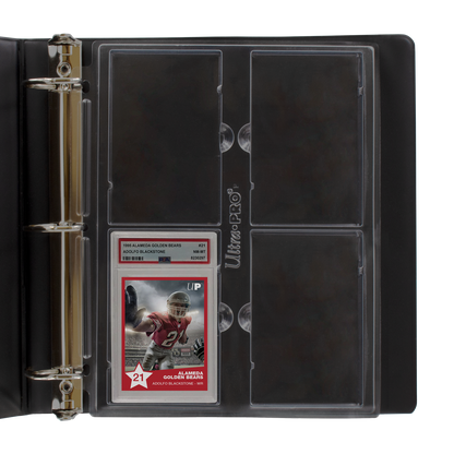 A black 4-pocket page for graded PSA slabs. Brand: Ultra-Pro, Item: 4-Pocket Page (1ct) for Graded PSA Slabs.