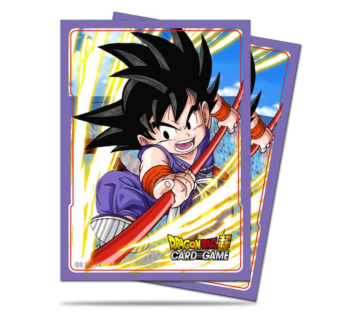 A purple Dragon Ball Super card sleeve featuring young Son Goku wielding his power pole. Brand: Ultra PRO, Item: Explosive Spirit Son Goku Standard DECK PROTECTOR® Sleeves (65ct).