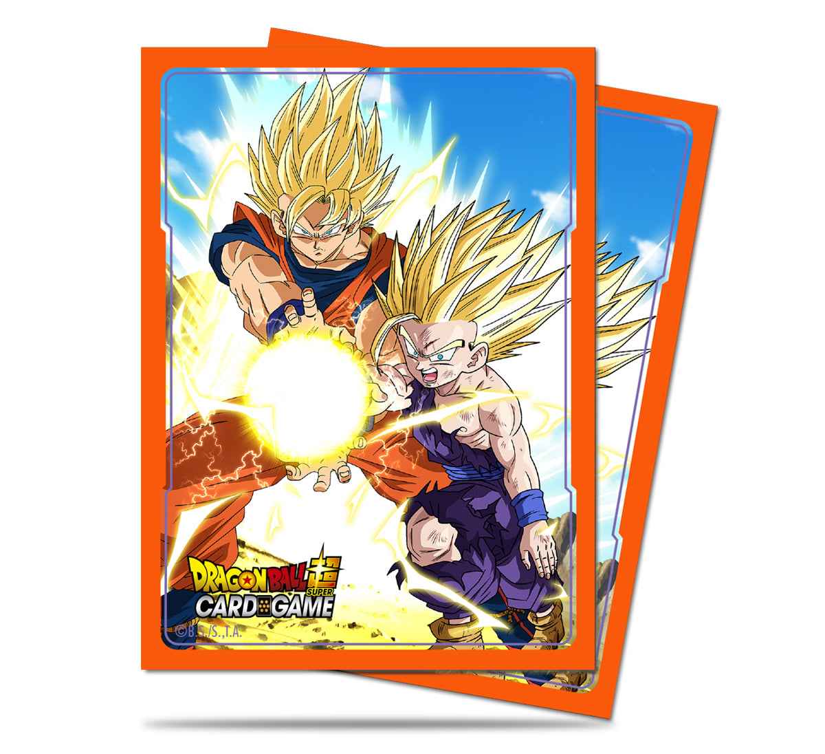 A pair of orange-bordered Standard DECK PROTECTOR® Sleeves featuring Goku and Gohan performing a Father-Son Kamehameha from Dragon Ball Super. Brand: Ultra PRO, Item: Father-Son Kamehameha Standard DECK PROTECTOR® Sleeves (65ct).