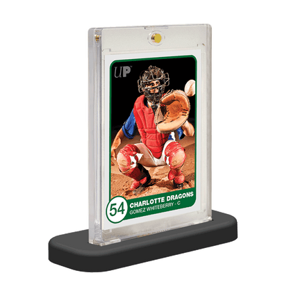 A clear protective case with a baseball card inside, displayed on a black stand. Brand: Ultra PRO, Item: 130PT ONE-TOUCH® & Stands (5ct)