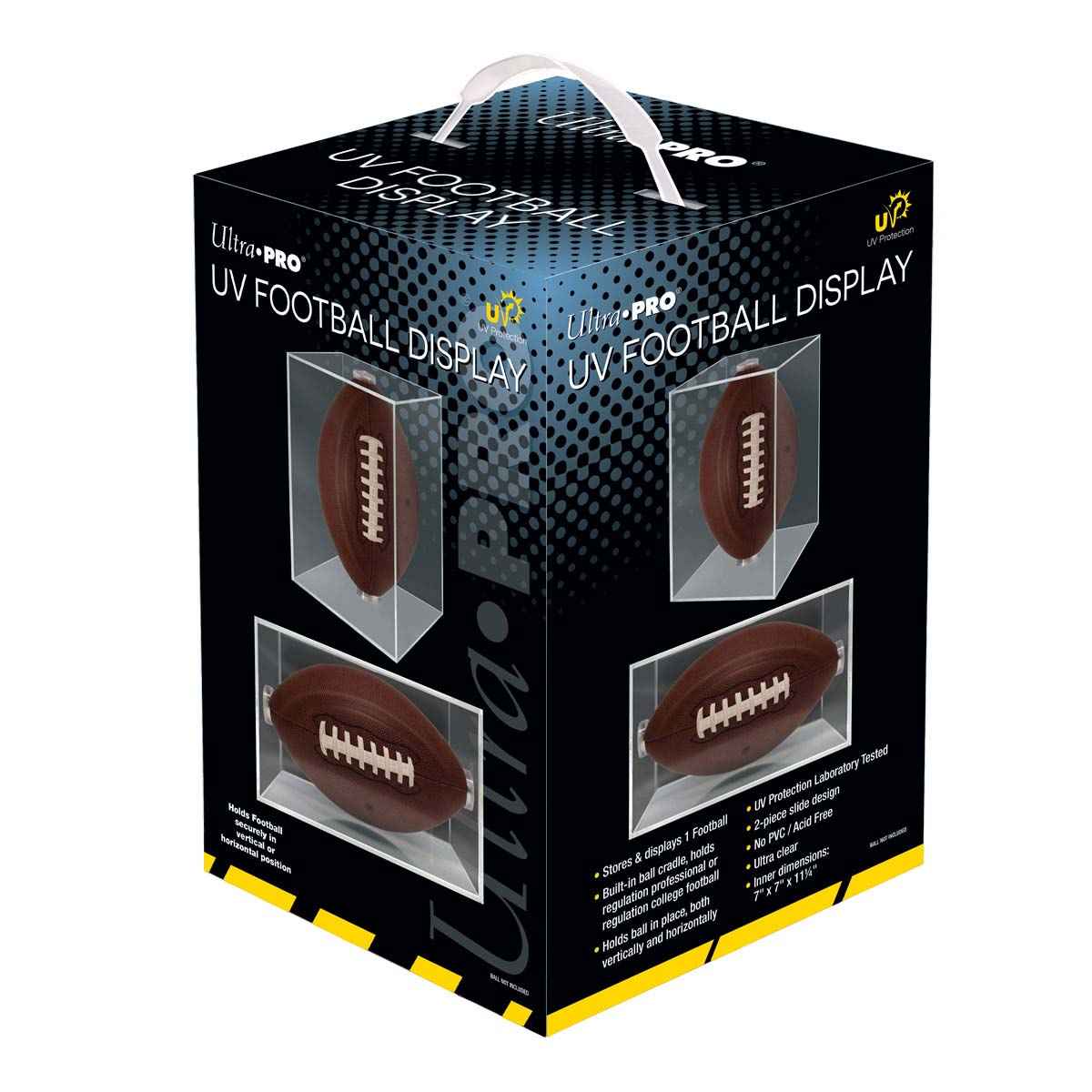 A clear football display case with UV protection. Brand: Ultra Pro, Item: UV Football Display.