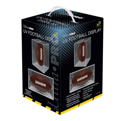 A clear football display case with UV protection. Brand: Ultra Pro, Item: UV Football Display.