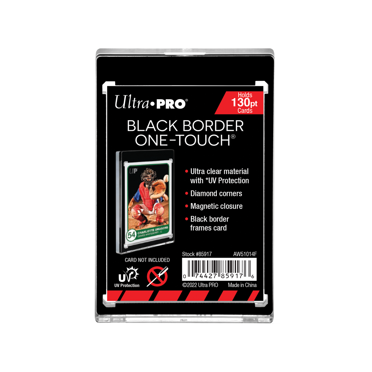 A black border Ultra PRO 130pt ONE-TOUCH magnetic card holder. Brand: Ultra PRO, Item: 130PT Black Border ONE-TOUCH® Magnetic Holder.