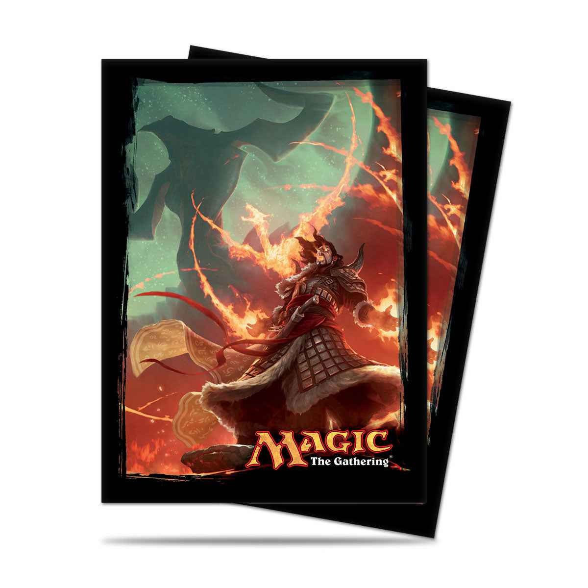 A black-bordered Magic: The Gathering card sleeve featuring artwork of Sarkhan Vol in front of a fiery dragon. Brand: Ultra PRO, Item: Fate Reforged Sarkhan Vol Standard DECK PROTECTOR® Sleeves (80ct).
