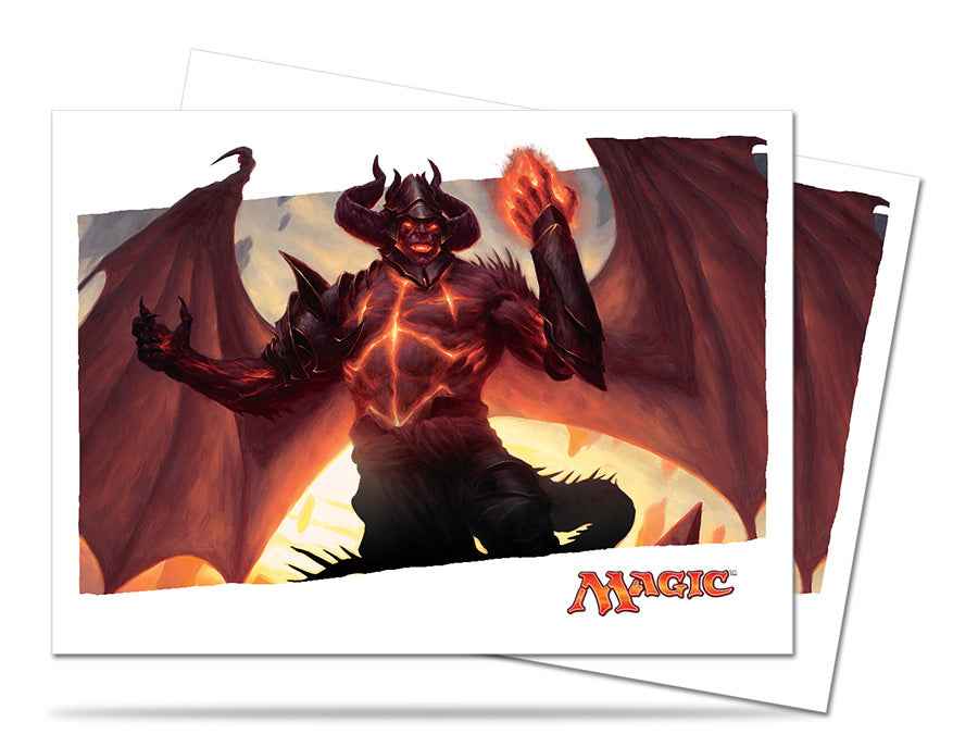 A red and black demon creature with wings and horns, holding a fiery orb, with the Magic: The Gathering logo. Ultra PRO Deck Protector Sleeves.