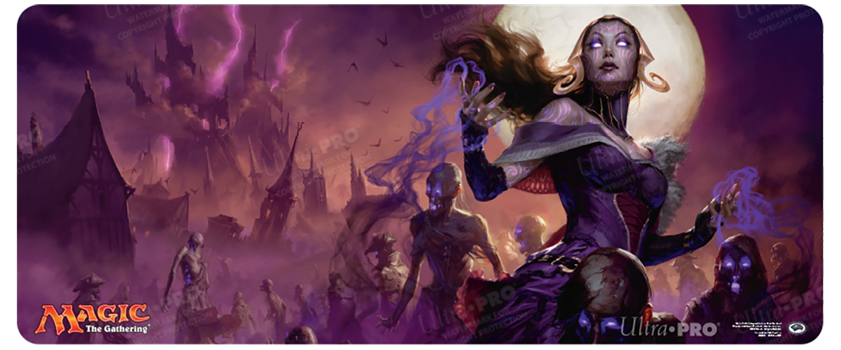A purple and pink Eldritch Moon Liliana Key Art Playmat. Brand: Ultra PRO, Item: Eldritch Moon Liliana Key Art 6ft Table Playmat for Magic: The Gathering