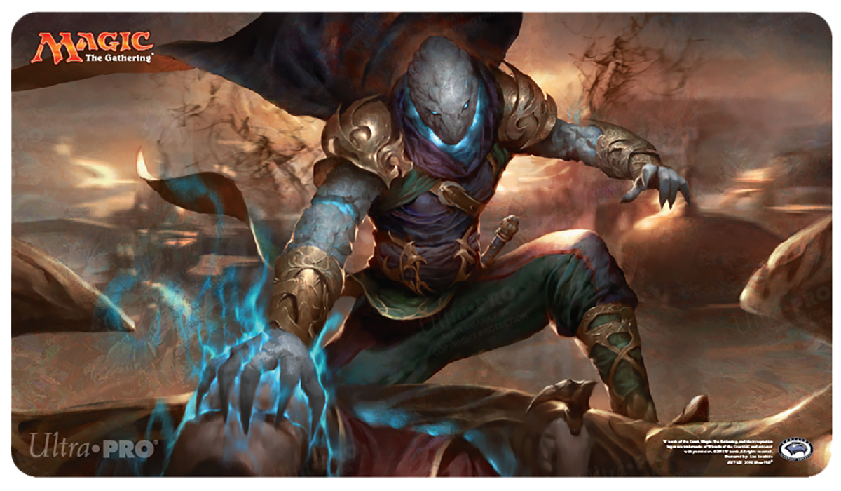 A blue and gold Magic: The Gathering Aether Revolt Yahenni, Undying Partisan Standard Gaming Playmat. Brand: Ultra PRO, Item: Aether Revolt Yahenni, Undying Partisan Standard Gaming Playmat.