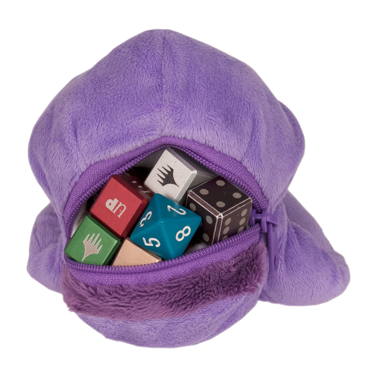 A purple Dungeons & Dragons Mind Flayer Gamer Pouch filled with various dice.