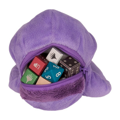 A purple Dungeons & Dragons Mind Flayer Gamer Pouch filled with various dice.