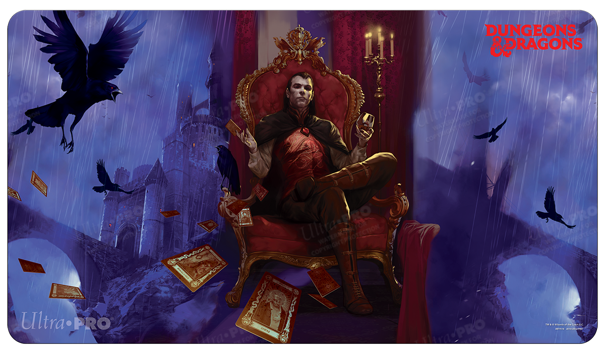 A dark fantasy Standard Gaming Playmat featuring Count Strahd von Zarovich on a throne, with ravens and a castle in the background. Brand: Ultra PRO, Item: Count Strahd von Zarovich Standard Gaming Playmat for Dungeons & Dragons
