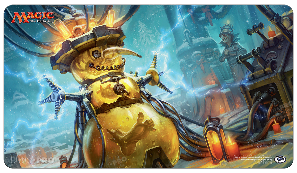 A festive and mechanical snowman playmat for Magic: The Gathering. Brand: Ultra PRO, Item: Happy Holidays Some Disassembly Required Gaming Playmat